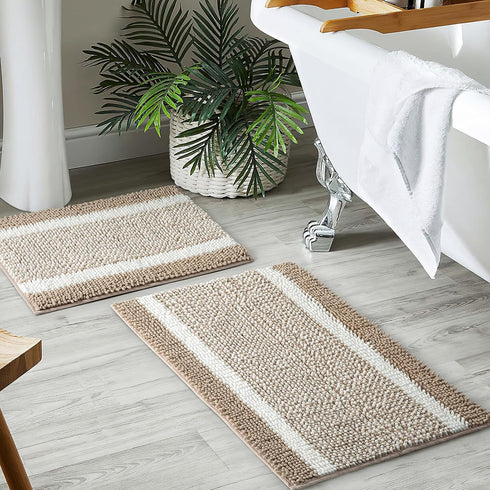 MILVOWOC Luxury Chenille Shaggy Bath Mats, Non-Skid Soft Rugs for Bathroom, Machine Wash/Dry, Khaki/White (17x24 Inch)