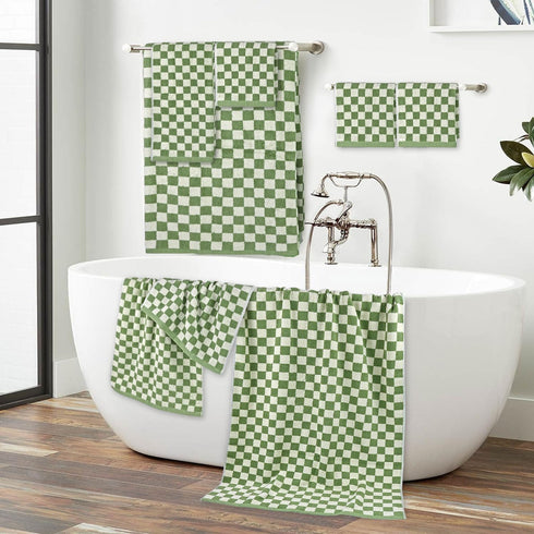 Set 8, 2 2 4 Jacquotha Green Checkered Towels of Cotton Towels for Bathroom, Bath, Hand, Washcloths, Soft Absorbent
