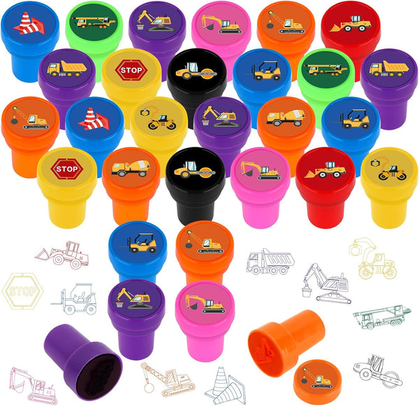 Hxezoc 24 Pieces Construction Truck Print Stamp, Mini Colorful Self Inking Stamps