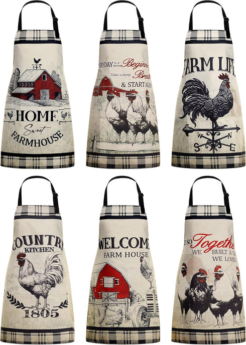 Bencailor 6 Pcs Waterproof Kitchen Aprons, Adjustable Baking Cooking Themed Aprons for Home