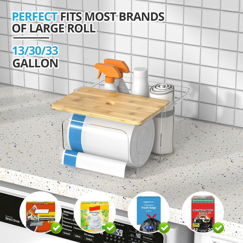Trash Bag Dispenser Roll Holder - Clear Garbage Bag Holder Dispenser with Bamboo Lid and Sliding Drawer Box, Trash Bag