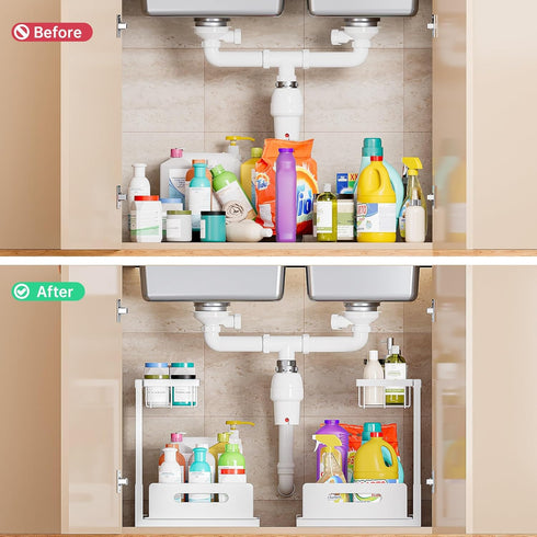 VUSIGN 2 Pack Under Sink Organizer and Storage, Pull Out Sink Shelf, Slide Out Cabinet Organizer for Kitchen Bathroom