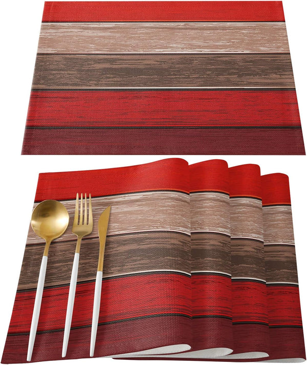 Vandarllin Christmas Red Brown Placemats, Set of 6 Retro Rustic Barn Wood Texture Stain Resistant Table Mats
