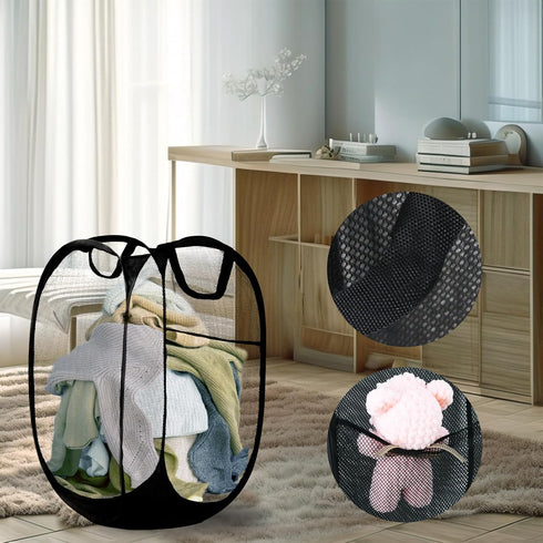 Pop Up Hamper, Mesh Popup Laundry Basket, Collapsible Foldable Hamper for Travel and Storage (Black)