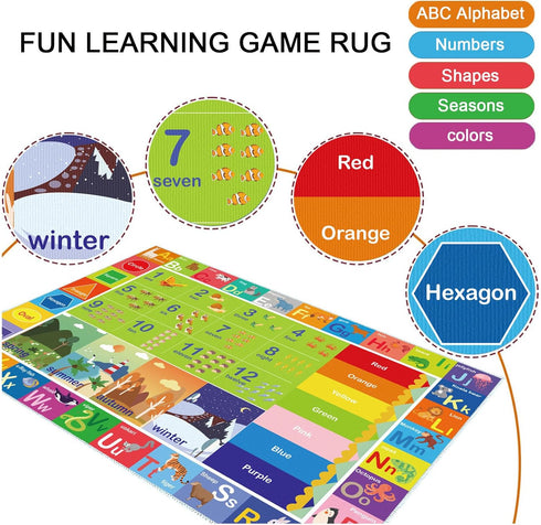 Kids Educational Rug, ABC Alphabet Play Mat, Numbers Shapes Color Seasons Learning Carpet for Playroom Bedroom