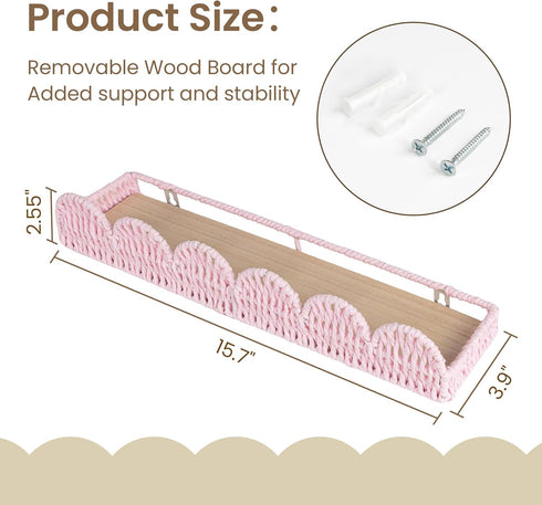 Set 3, AELS Scalloped Nursery Bookshelf, of Picture Ledge Shelf for Wall Decor, Woven Natural Fibre Floating Shelves