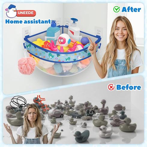 4.32 UNEEDE Gallons Dinosaur Print Corner Bath Toy Storage | Blue Mesh Shower Caddy with Quick Drain & Bottom Zipper