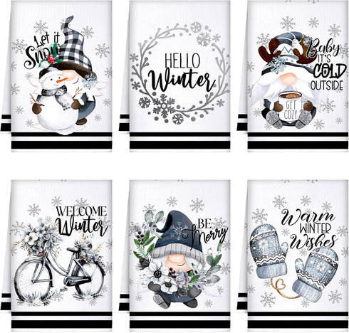 Preboun 6 Pcs Hello Winter Kitchen Towels Snowman Gnome Dish Snowflake Tea
