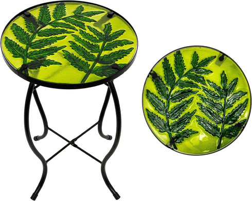Subtropical Leaf Small Patio Table,Outdoor Side Table,Outdoor Bar Table,Metal Glass End Table