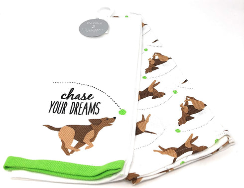 ENVOGUE CHASE YOUR DREAMS DOG RUNNING AFTER BALL 2-PK Kitchen Towel Set, 100% Cotton