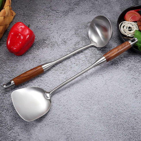 AOOSY Wok Spatula & Ladle Tool Set, 18/10 Stainless Steel Cooking Utensils, 15-inch Wooden Handle, Set of 2