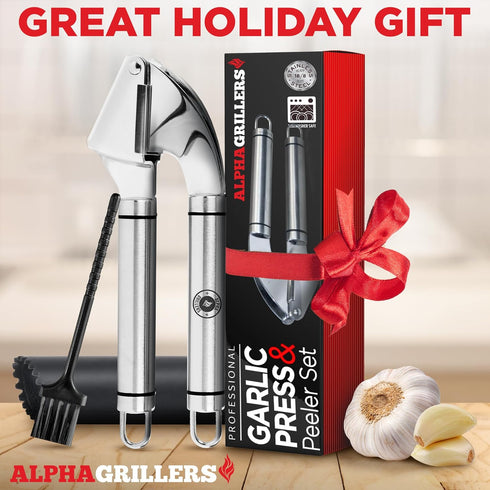 Garlic Press Stainless Steel - Professional Mincer and Crusher with Silicone Peeler, Dishwasher Safe