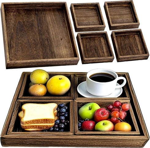 5-Piece Set, Rustic Wooden Serving Tray Handcrafted Nesting Trays with Handles for Ottoman & Coffee Table Decor