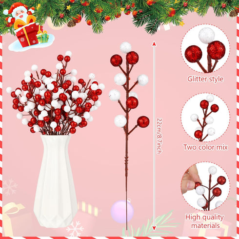 Thiccywoov 24 8.8" Pcs Christmas Glitter Berries Stems, H Artificial Christmas Picks for Christmas Tree Ornaments