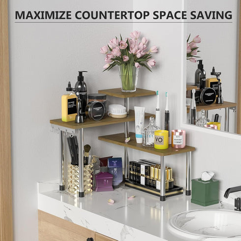ZHWS Kitchen Corner Shelf Countertop Organizer, 3 Tier Bamboo & Metal Kitchen Organization Plant Stand, Spice Rack