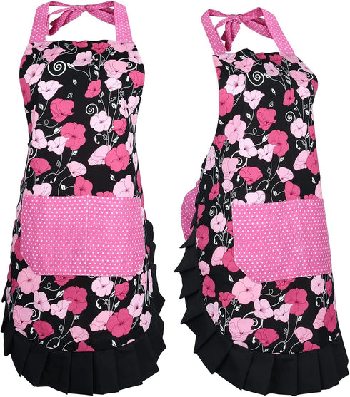 G2PLUS Vintage Damask Mothers Apron for Women, Extra Long Ties, Pockets, 29 x 21 Inch, Perfect for Cooking, Baking,