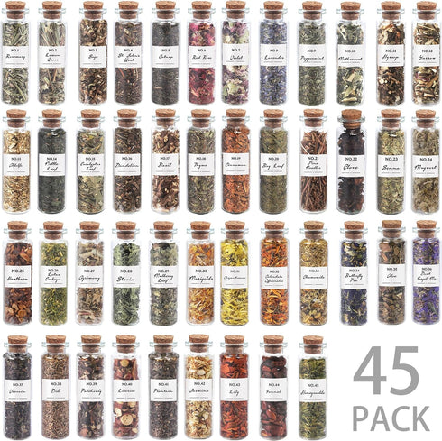 HOOMUU 45 Witchcraft Supplies Herbs - Bottles Dried Herbs Kit for Beginners - Altar Supplies Healing Herbal Natural