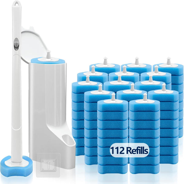 Disposable Toilet Brush and Holder Set - 1 Toilet Bowl Wand, 1 Caddy, 112 Refills for Deep Bathroom Scrub, 1 Pack