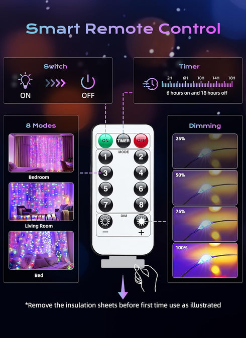 300 8 1 Pack Brightown LED Fairy Curtain Lights, Curtain String Lights, USB Plug in Lighting Modes Christmas