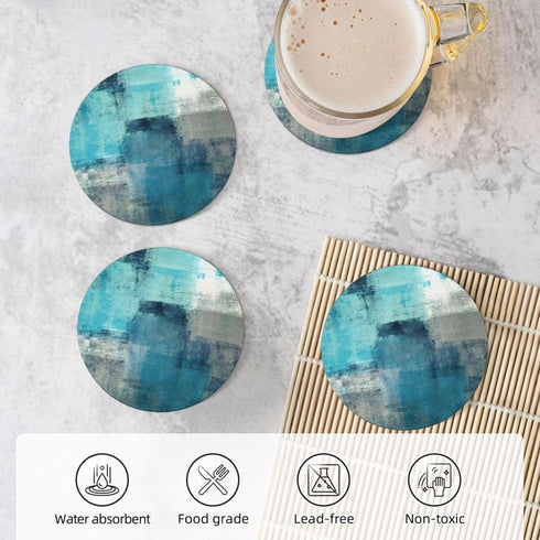 Dsiflylife Set 2 Coasters of Turquoise and Grey Absorbent Ceramic Coasters for Drinks Round Stone Non-Slip Coffee Table