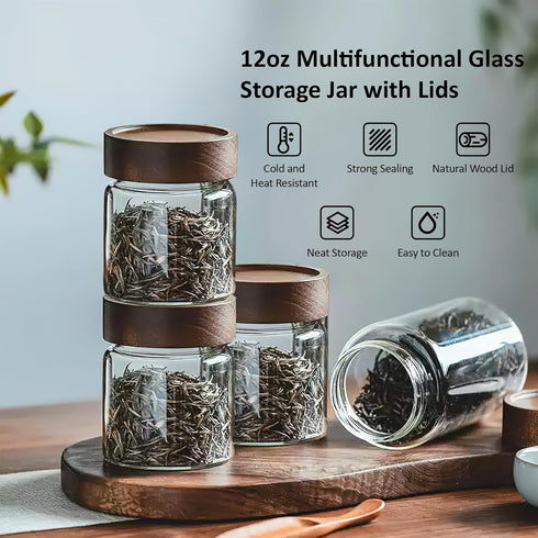 MOLADRI 18 oz/550 ml -4 Pack Clear Glass Storage Canister with Airtight Wooden Lid, Small Overnight Oats Containers