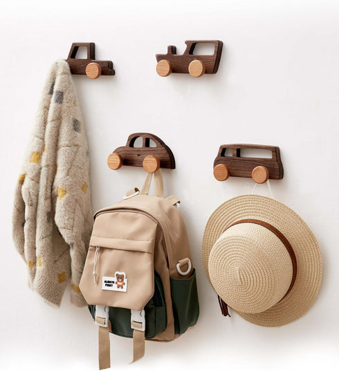 Vinoil 4 Pack Hats,Backpacks,Towels,Keys&Clothes Kids Coat Hooks Wall Mount, Walnut Car-Shaped Coat Rack Heavy Duty