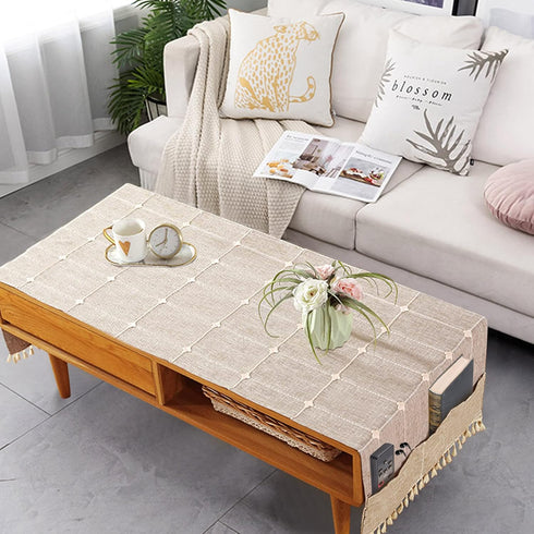 Ajerg 20x57inch Coffee Table Cloth, Boho Coffee Table Cover for Living Room Tablecloth Cover with Pockets & Tassel