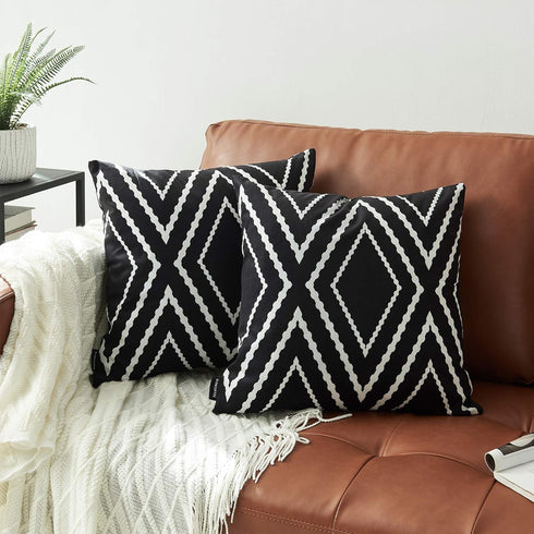 Set of 2 Black Pillow Covers 18 x 18 inches, Boho Aztec Polyester Blend Square Decorative Throw Pillow Covers