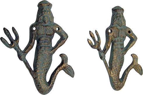 Wowser Green Cast Iron King Neptune Wall Hooks, Set of 2, 6.5 Inches