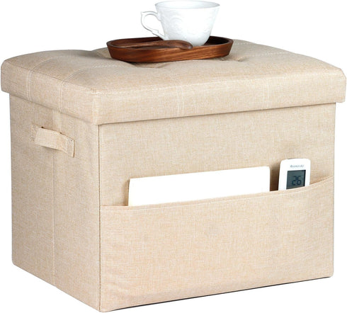 Bsketa Storage Ottoman Foot Rest, Folding Linen Cotton Ottoman with Storage with