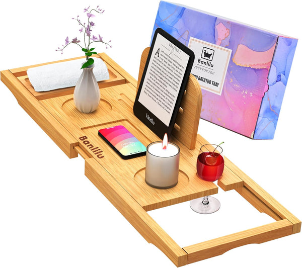 Luxury Expandable Bathtub Caddy Tray, Adjustable Size Bath Tray Table for Most Tubs