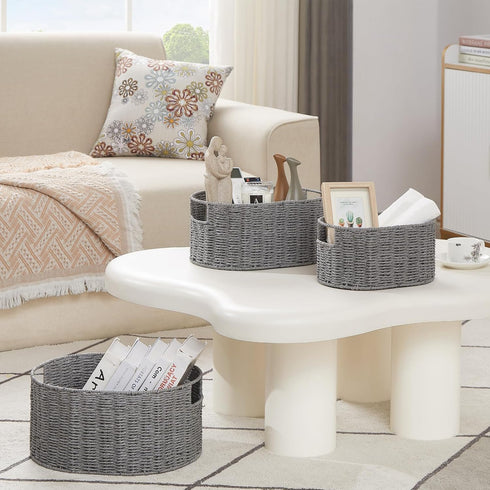 Vagusicc Set of 3 Wicker Storage Baskets - Hand-woven Round Large Baskets for Organizing, Grey Storage Decor