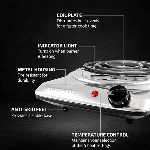 OVENTE Electric Countertop Single Burner, 1000W Cooktop with 6" Stainless Steel Coil Hot Plate, 5 Level Temperature Control, Indicator Light, Compact Cooking Stove and Easy to Clean, Silver BGC101S by OVENTE