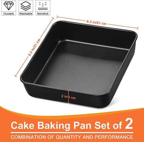 Herogo 8 x 8 Baking Pan Set of 2, Non-Stick Square Cake Pan for Oven, Stainless Steel Black Lasagna Brownies Casseroles Cakes Pan, Non Toxic & Durable by Herogo