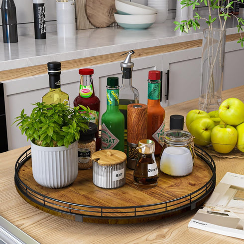 Farmhouse Oak 18" Lazy Susan Turntable Organizer, Round Wooden Storage for Dining Table, Pantry, Kitchen, Walnut Wood