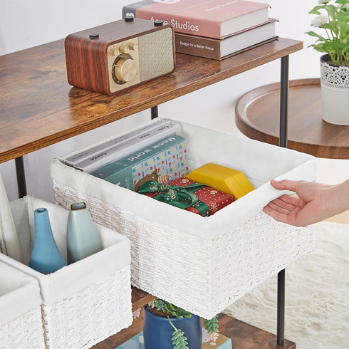 Vagusicc Set of 3 Wicker Storage Baskets, Hand-woven Decorative Rectangle Bins with Handles for Organizing, White