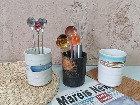 Stoneware Coffee Spoon Holder for Coffee Bar, Upright Teaspoon Holder Jar for Coffee Stirrers and Small Utensils