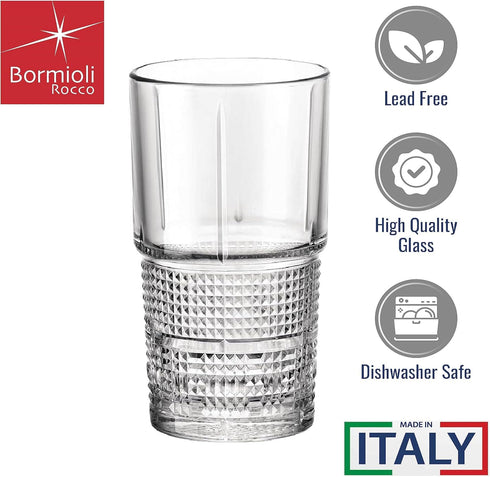 Bormioli Rocco Bartender Novecento Stackable Hi-Ball Drinking Glass, Clear, Set of 4
