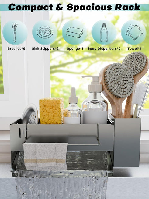 Kitchen Sink Caddy Organizer, Sponge Holder for Kitchen Sink with Upgraded Extra-Wide Drain Board, Efficient Drainage