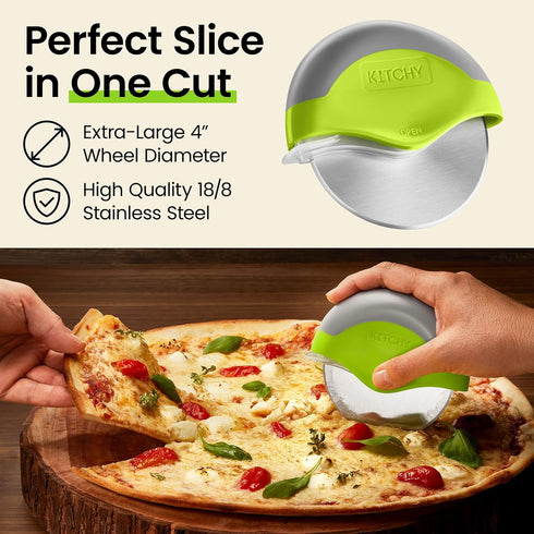 Kitchy Pizza Cutter Wheel with Protective Blade Cover, Ergonomic Slicer, Green