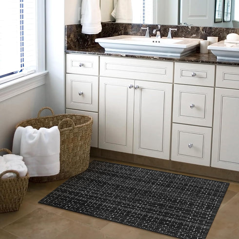 Boho Bathroom Rugs, 2' x 3' Hand Woven Cotton Entryway Rug | Reversible Washable Farmhouse Black Rug for Entrance