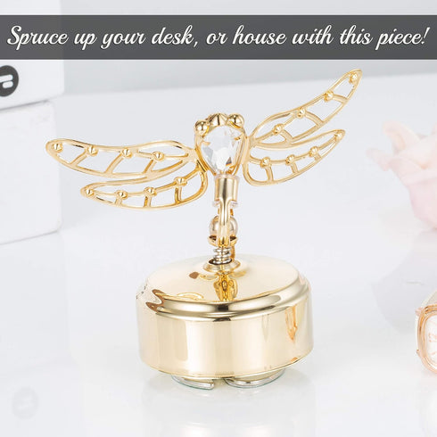 24K Matashi Gold Plated Music Box Plays You Are My Sunshine Crystal Dragonfly Tabletop Showpiece Elegant Gift
