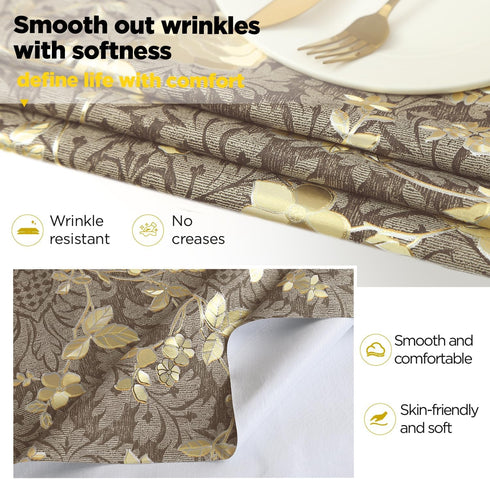 Brass,54" 78") Rectangle Table Cloth Elegant Gold Vine Flower PVC Waterproof Spill-Proof Vinyl Fitted Microfiber