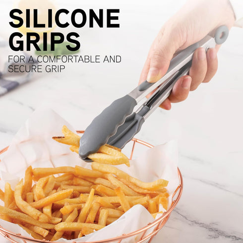 COOK WITH COLOR Stainless Steel Silicone Tipped Kitchen & BBQ Tongs Set, 3 Piece Tongs in Black