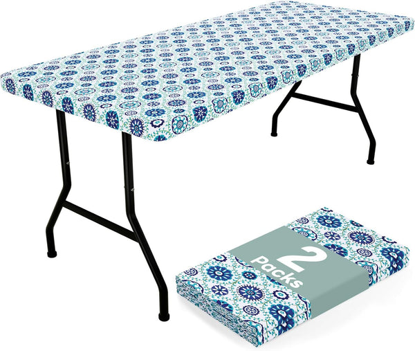 misaya 2 Pack Vinyl Tablecloth, Fitted Table Cover, 100% Waterproof, Elastic Edge,