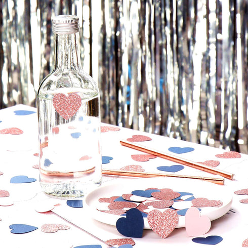 Navy-Blue Pink Rose-Gold Heart Confetti - 300pcs Glitter Paper Dots for Gender Reveal, Weddings, Birthdays, Party