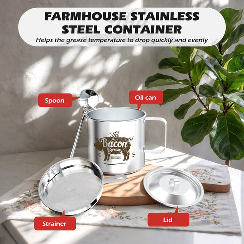 20 OZ PGYARD Mini Bacon Grease Saver With Strainer - Stainless Steel Oil Container, Farmhouse Bacon Grease Keeper