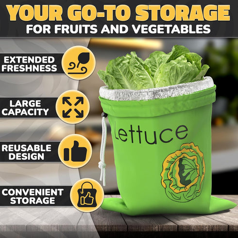3-Layer Lettuce Keeper for Refrigerator Reusable Produce Storage Bags with Foil Lining and Drawstring | Breathable