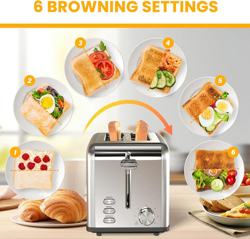 Simple Deluxe 2-Slice Toaster, Silver, 6 Browning Settings, 3 Functions, Extra Wide Slot & Removable Crumb Tray