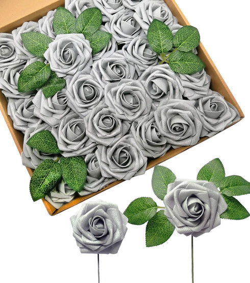 D-Seven Artificial Flowers - 30PCS Real Looking Fake Roses with Stem for DIY Wedding Bouquets